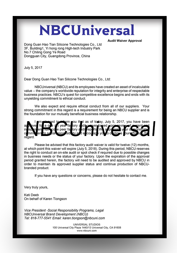 NBCUniversal Wavier Certificate